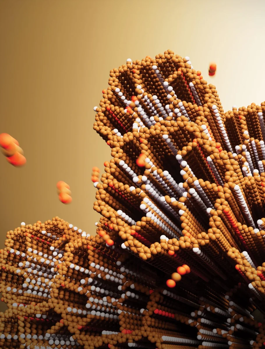 “Carbon dioxide molecules passing through a covalent organic framework become trapped by amine polymers bound inside the material's pores.” Image and caption courtesy of C&EN. 