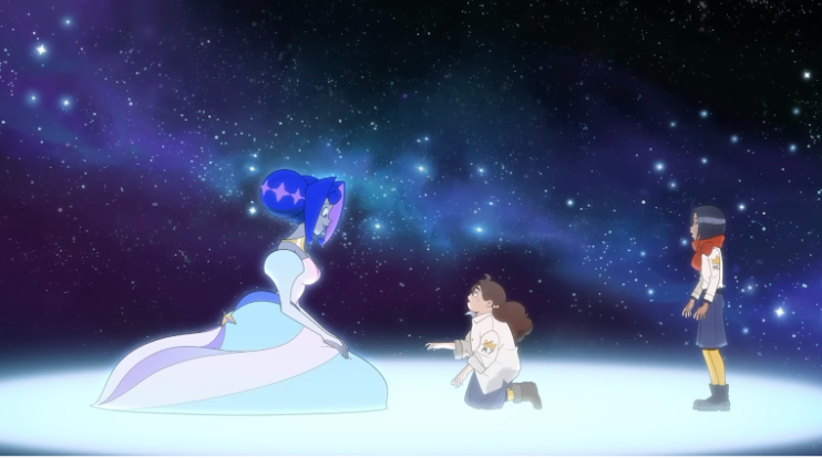 A screenshot from Knights of Guinevere’s pilot episode.  In a memory, Princess Guinevere sits before Frankie and Andi, who appear as children. All of them are surrounded by a bright, starry sky.
