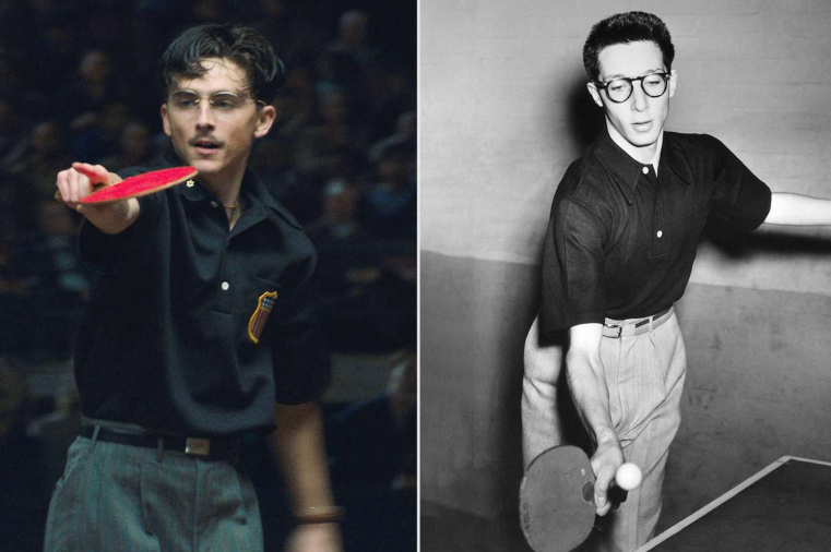 In “Marty Supreme” (2025), Timothee Chalamet (left) portrays table tennis player Marty Reisman (right). 