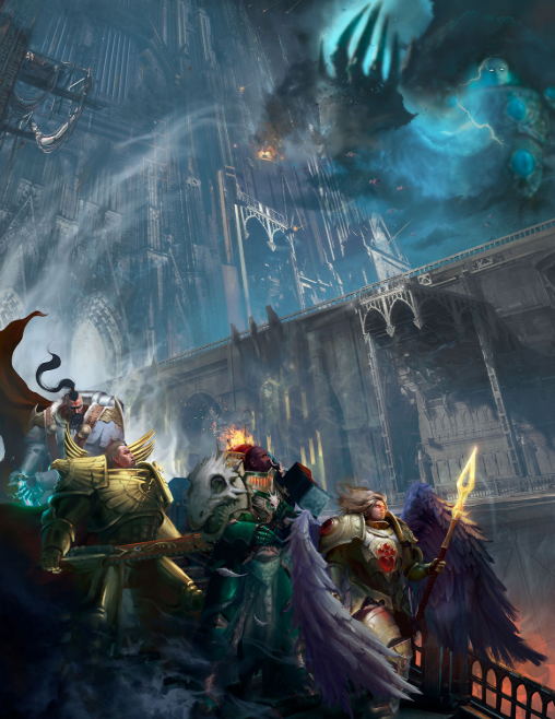 An illustration by Cristian Otazu showing off a few of the key players in the Horus Heresy, all of whom make appearances in the novel in some form or another. 